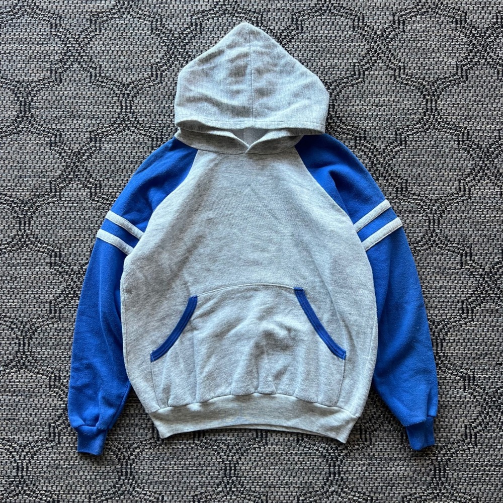 Vintage Sweatshirt Mens Medium Gray Blue Raglan Striped Pullover Hoodie 80s